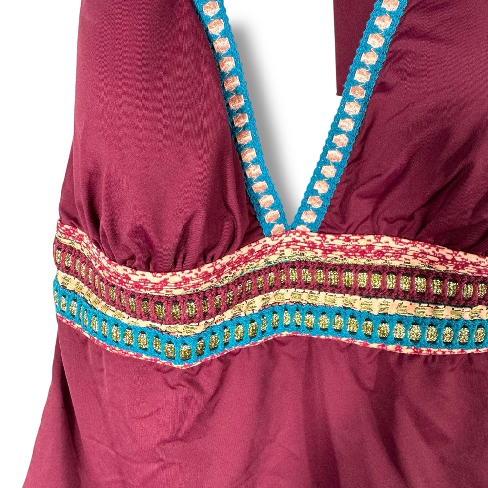 La Blanca Running Stitch Embellished Halter Tankini Top, Deep Maroon, Size 16 - Picture 4 of 14